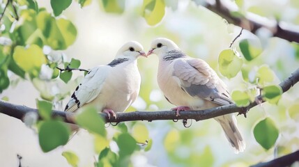 Poster - Pair of Beautiful Doves Sharing Affection on a Branch in Nature