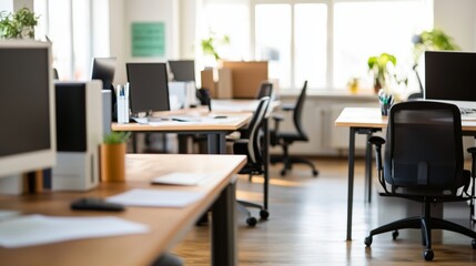 Poster - Light wood desks and black ergonomic chairs fill a bright, modern office
