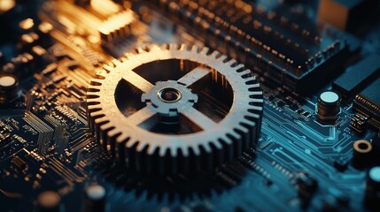 Poster - Intricate Gear on Circuit Board with Detailed Symmetrical Design