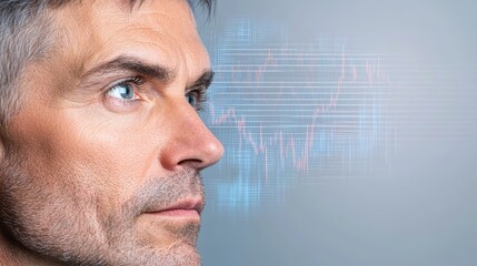 Fototapete - Dynamic lines and geometric shapes, abstract portrait of a man against vibrant blue backdrop