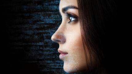 Fototapete - Binary code woman, a portrait of woman's face merged with code, exploring the intersection of humanity and technology.