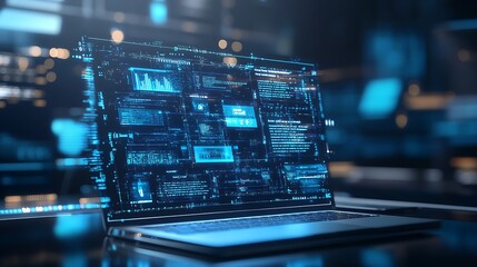 Poster - Laptop Displaying Futuristic Data Streams and Code in a Dark Setting