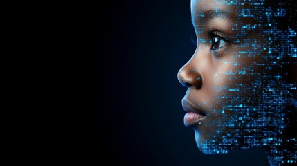 Fototapete - Intriguing portrait of a young girl with face made of binary code, exploring the fusion of humanity and technology