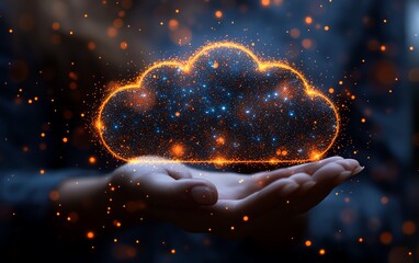 Poster - Hand holding holographic cloud symbol with data upload sign, white background, concept of cloud computing and data storage, highdefinition realism