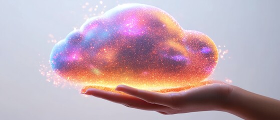 Poster - Holographic cloud symbol held by hand with data upload sign, white background, cloud computing and data storage concept, ultrarealistic details