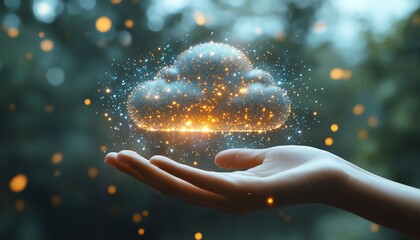 Fototapete - Holographic cloud symbol with data upload icon held by hand, white background, concept of cloud computing and data storage, ultrarealistic textures