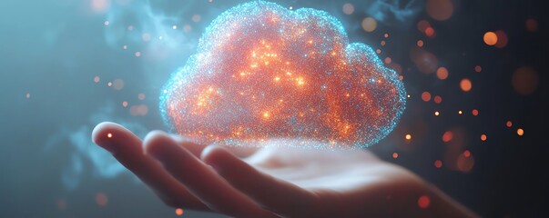 Fototapete - Holographic cloud symbol with data upload sign in hand, white background, concept of cloud computing and data storage, modern technology, highdefinition realism