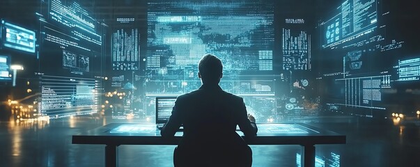 Leinwandbilder - Businessperson analyzing financial data on tablet with holographic charts and binary code, set in a cuttingedge office space