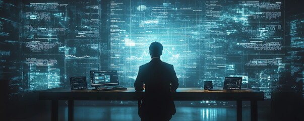 Leinwandbilder - Businessperson analyzing financial data on tablet with holographic charts and binary code, set in a cuttingedge office space