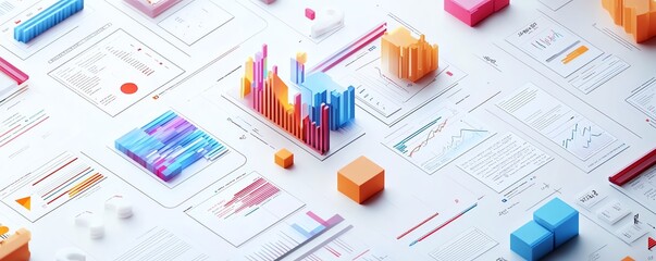 Poster - Dynamic 3D digital interface with realtime charts, coding data, and modern graphs, clean white background, professional design