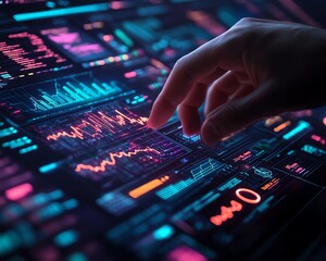 Leinwandbilder - Hand controlling digital financial charts and complex algorithmic lines on a hightech interface, futuristic and sleek design