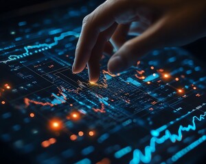 Poster - Hand controlling digital financial charts and complex algorithmic lines on a hightech interface, futuristic and sleek design
