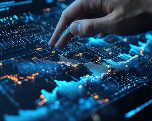 Leinwandbilder - Hand controlling digital financial data and complex algorithmic lines, futuristic interface with glowing blue and white tones
