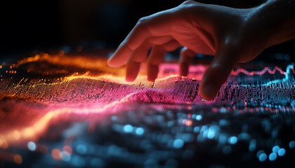 Poster - Hand manipulating digital financial charts and algorithmic lines on a holographic interface, advanced futuristic technology