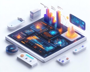 Poster - Interactive digital interface with 3D data visualizations, graphs, and coding elements, white background, professional tech design
