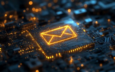 Poster - Intricate 3D circuit board featuring a glowing email icon, white background for clarity and modern elegance