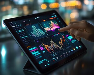 Leinwandbilder - Professional businessperson interacting with tablet displaying financial charts and binary code holograms, sleek office background