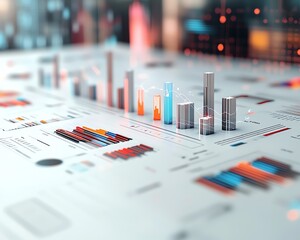 Poster - Sleek data visualization in 3D, showcasing detailed bar and line graphs, white background for a minimalist, clean look