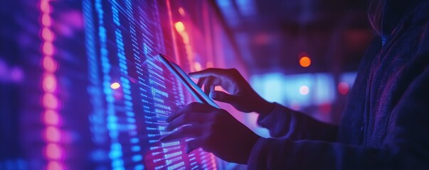 Fototapete - Techsavvy businessperson using tablet with interactive financial graphs and holographic binary code, modern office ambiance