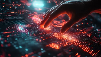 Fototapete - Techsavvy hand interacting with glowing digital financial data and algorithmic lines, futuristic interface with a modern feel