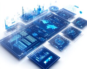 Poster - 3Drendered digital interface with interactive charts, graphs, and codes on a white background, modern tech design
