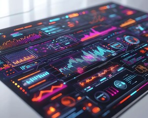 Poster - 3Drendered digital interface with interactive charts, graphs, and codes on a white background, modern tech design