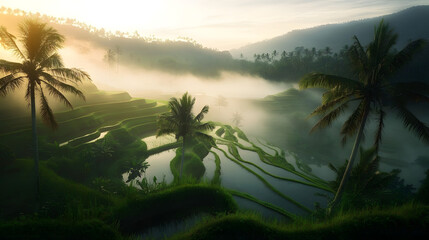 Wall Mural - Misty sunrise over lush green rice terraces with palm trees in the foreground.