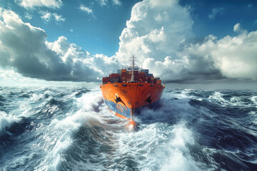 Wall Mural - A vibrant orange and blue cargo ship navigating stormy seas with high waves under a dramatic sky filled with clouds