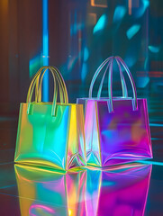 Poster - neon shopping bags: a futuristic retail experience - two iridescent shopping bags with neon colors, 