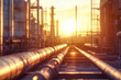 © Anoo - Sunset over oil refinery with expansive pipelines and steel tanks showcasing energy technology in a photorealistic setting