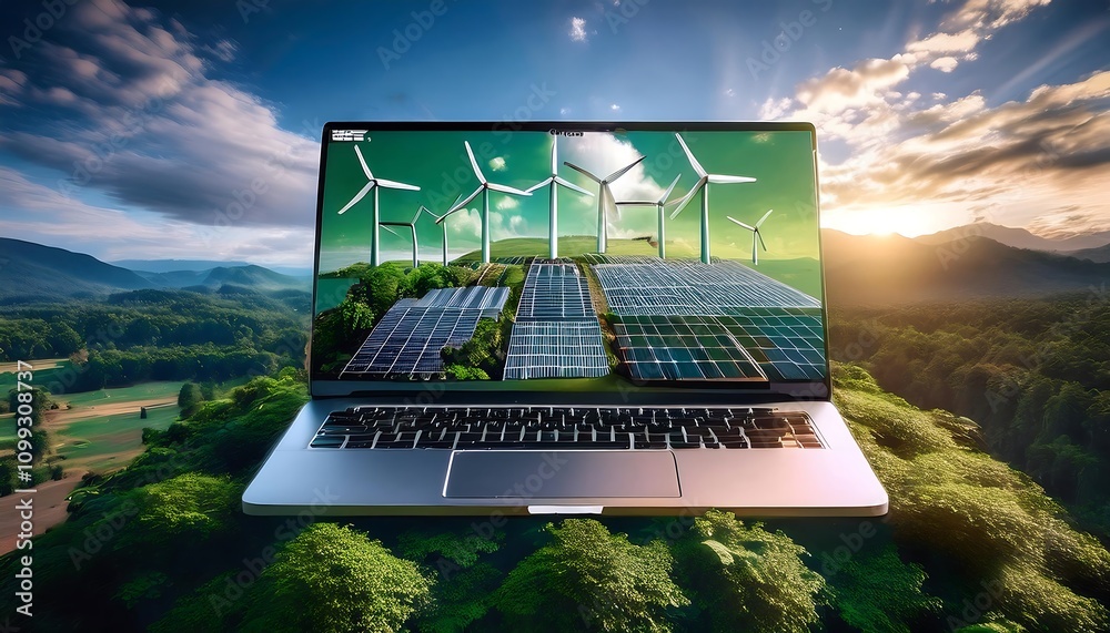 Laptop with green icons of renewable energy sources in nature ...