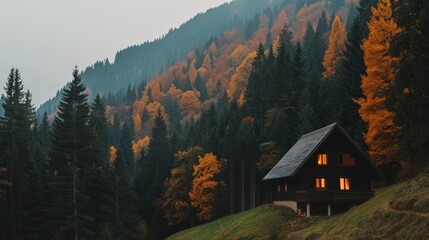 Wall Mural - A cozy cabin illuminated in the middle of a dense, autumnal forest with vibrant orange and yellow trees against misty mountain slopes, creating a peaceful retreat scene.