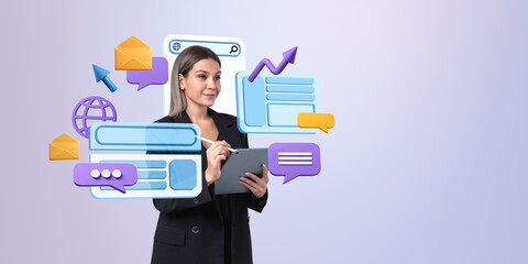 Poster - Woman using tablet with digital icons of messages, emails, and w