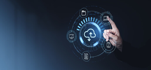 Aufkleber - hand interacting with futuristic digital cloud storage interface with icons of different devices on 