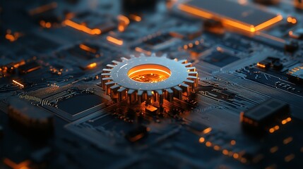 Poster - Intricately Designed Gear on Circuit Board with Illuminated Details