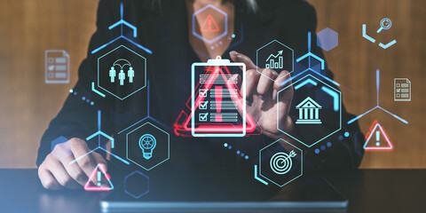 Poster - Business person navigating risk management and safety icons on a transparent interface. Focus on checklist with alert symbol in a digital setting.