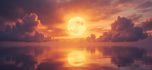 Poster - A stunning sunset over the ocean, with a large glowing sun reflecting on the water and dramatic clouds creating a warm and tranquil atmosphere for travel.