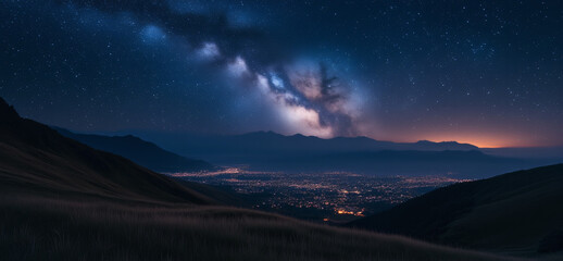 Poster - A stunning panoramic view of a night sky filled with stars and the Milky Way, overlooking a city illuminated by soft lights from the valley below for travel.