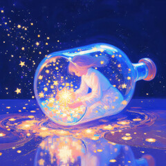 Poster - A whimsical illustration of a girl inside a glass bottle, surrounded by sparkling stars, creating a dreamlike and enchanting atmosphere for graphic resources.