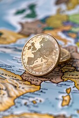 Wall Mural - Euro Day.Macro view of a Euro coin standing on a map, representing Europes financial and geographic significance.