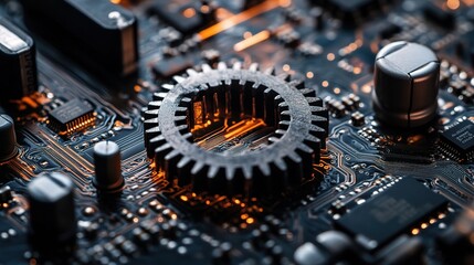 Poster - Intricate Gear on Circuit Board Surrounded by Electronic Components