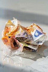 Wall Mural - Stack of assorted international banknotes on a glass table, symbolizing global finance and currency diversity.