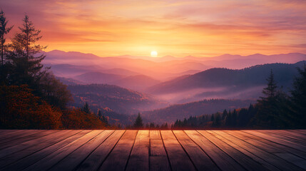 Poster - A serene mountain landscape at sunset, featuring rolling hills, a vibrant orange sun setting behind the mountains, and a wooden deck in the foreground for travel.