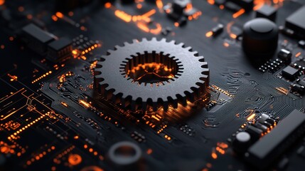 Poster - Intricate Gear on Circuit Board with Glowing Symmetry and Design