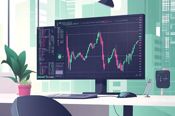 Poster - A modern workspace featuring a computer displaying stock market data and a plant.