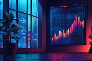 Poster - A modern office space with a vibrant financial graph and a plant, showcasing a tech-savvy environment.