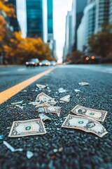 Poster - political influence on financial markets represented by torn banknotes and protest imagery in an urb