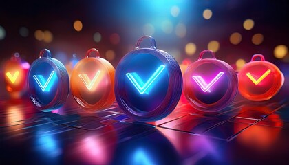 Poster - Colorful, glowing spheres with a checkmark design, set against a blurred background, creating a vibrant, digital atmosphere.