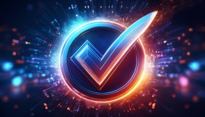 Poster - A vibrant digital illustration of a glowing checkmark inside a circular frame, radiating colorful light effects, symbolizing approval or completion.