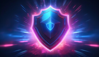 Poster - A glowing shield icon surrounded by vibrant neon lights, representing protection, security, and digital defense.